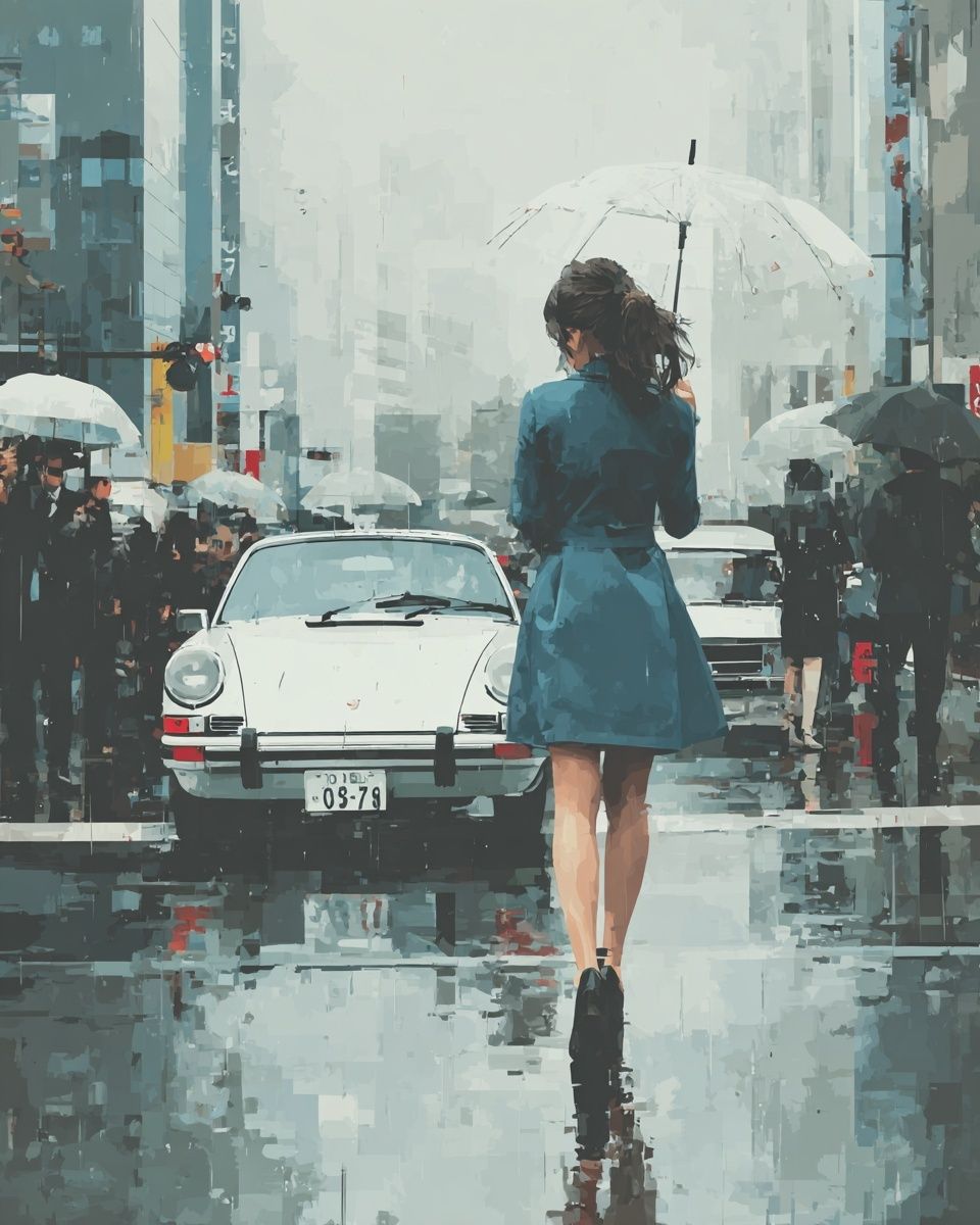 Rainy City Crossing Illustration Print. poster — illustration art