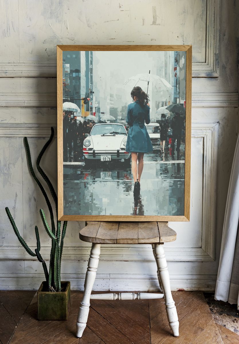 Rainy City Crossing Illustration Print. — room view 1