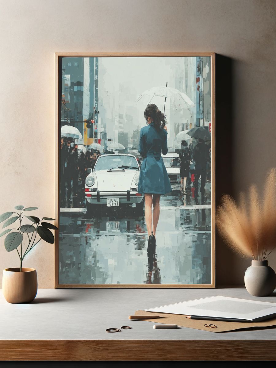 Rainy City Crossing Illustration Print. — room view 2