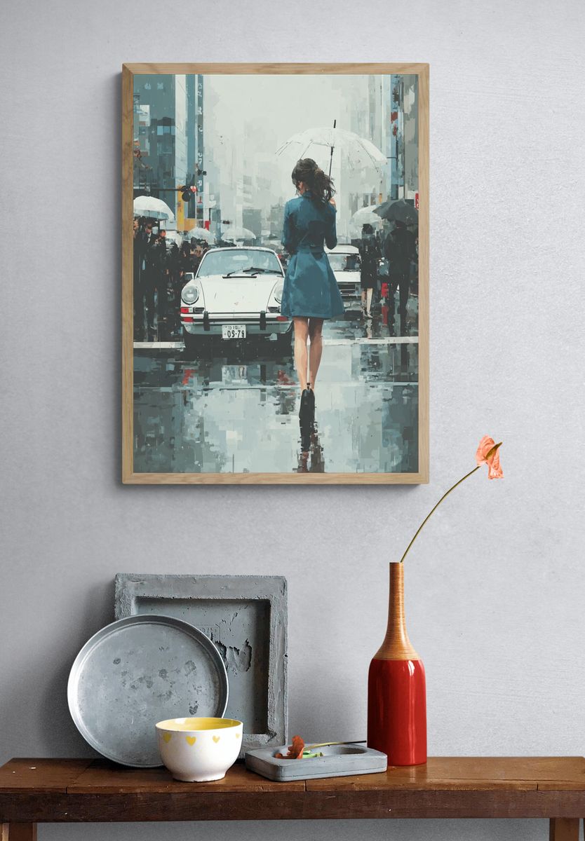 Rainy City Crossing Illustration Print. — room view 3