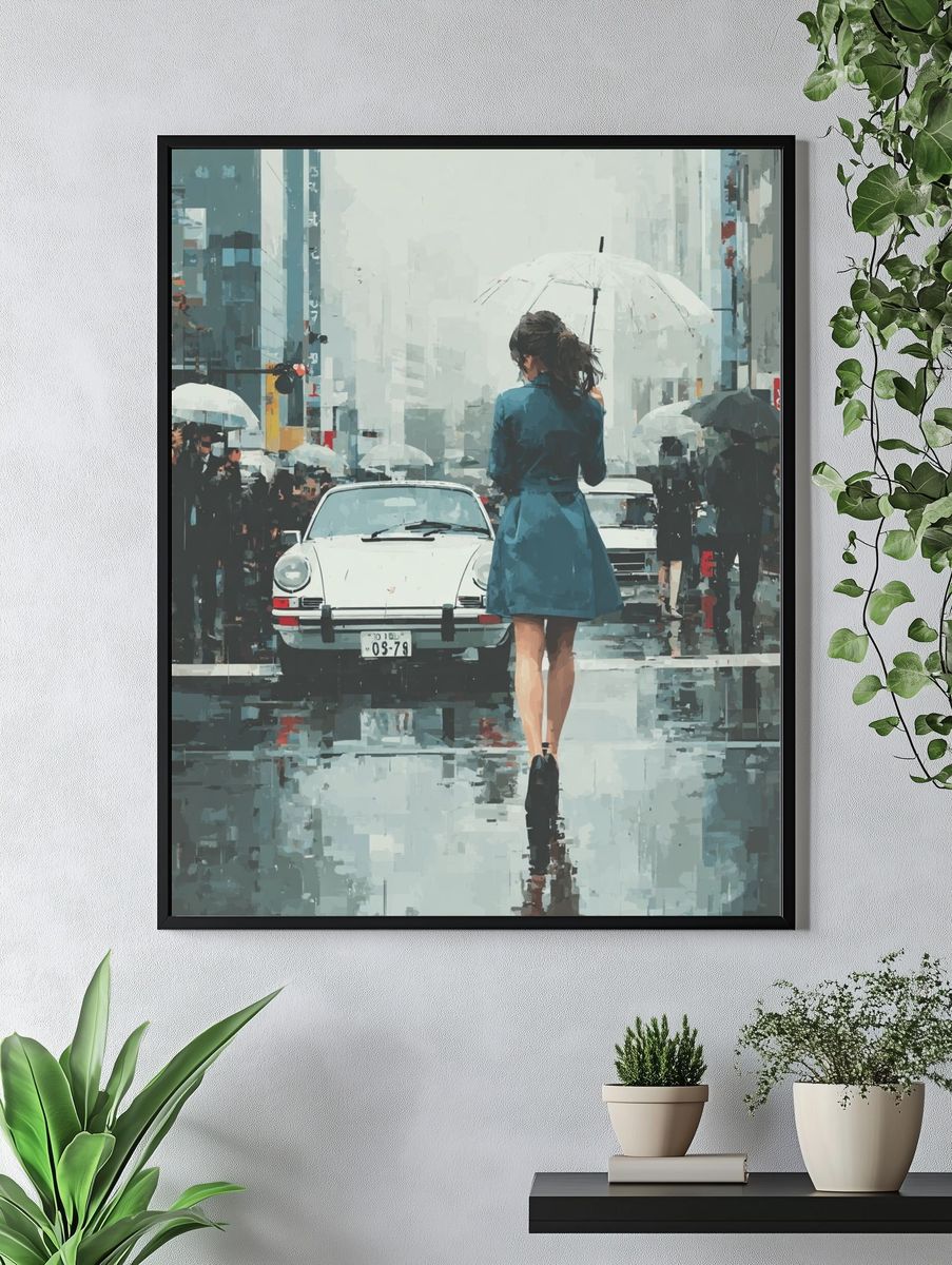 Rainy City Crossing Illustration Print. — room view 4