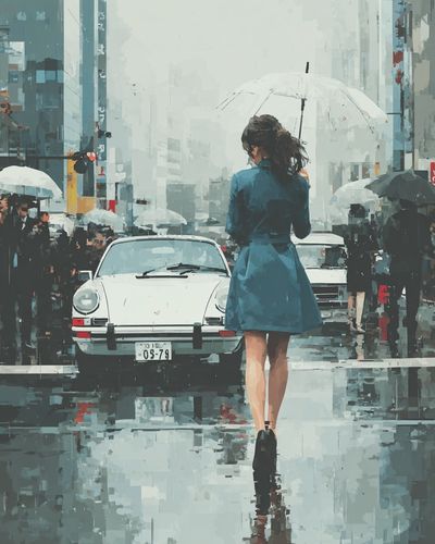 Rainy City Crossing Illustration Print. poster