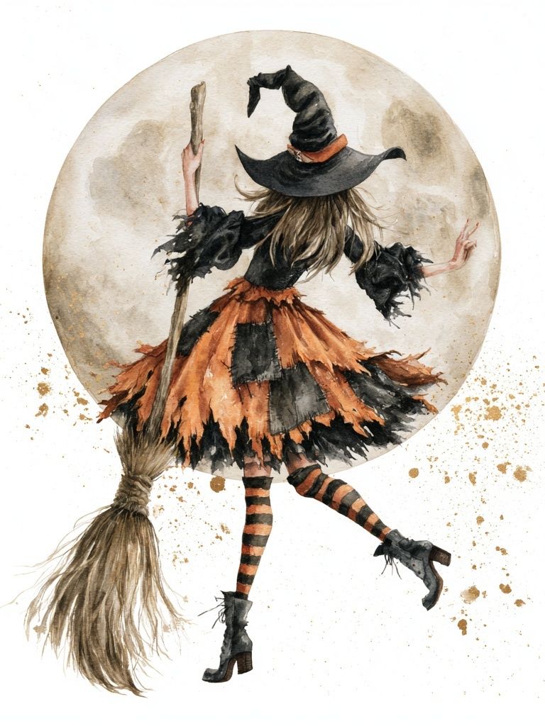 Witch on Broom Watercolor Poster. poster — illustration art