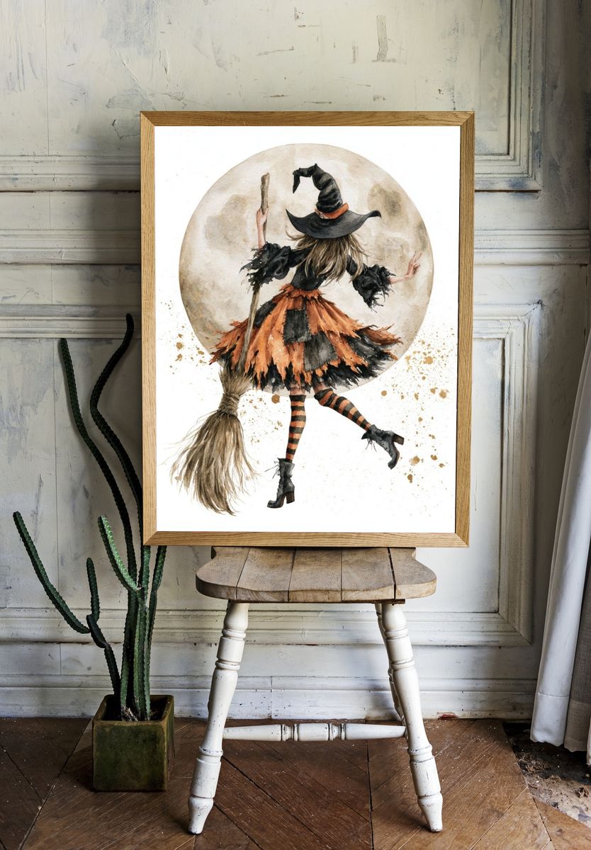 Witch on Broom Watercolor Poster. — room view 1