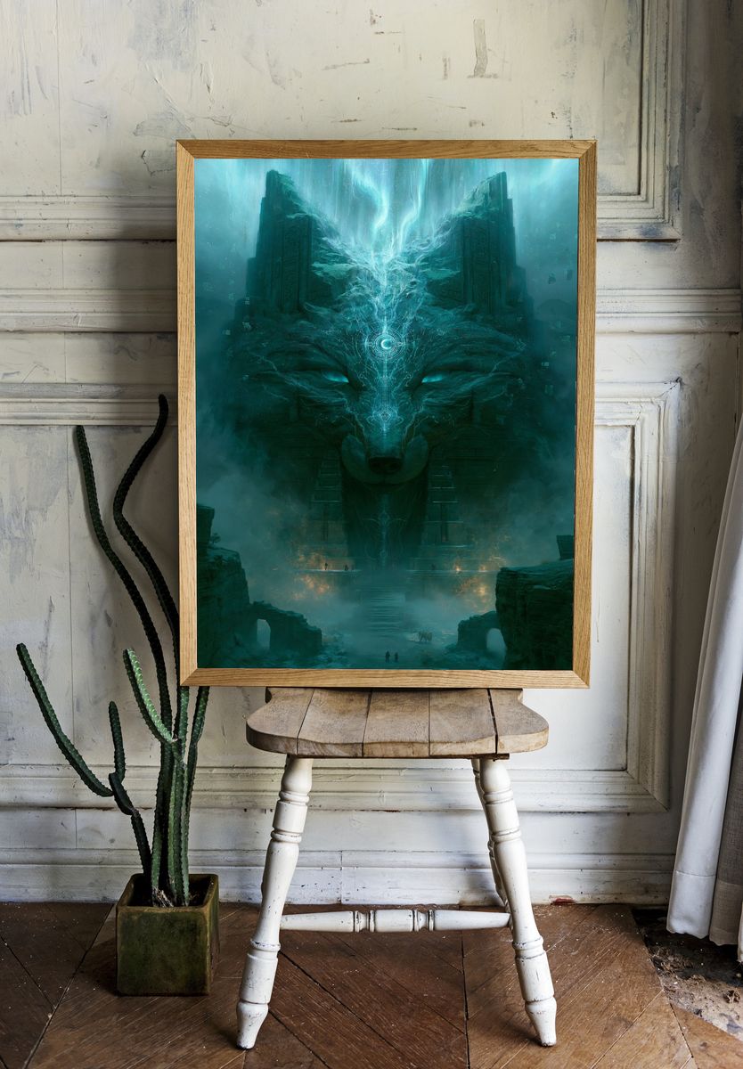 Mystic Wolf Temple Digital Art Poster. room preview