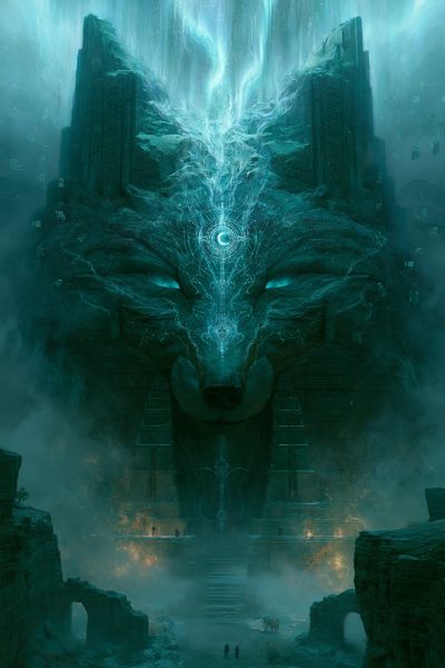 Mystic Wolf Temple Digital Art Poster.