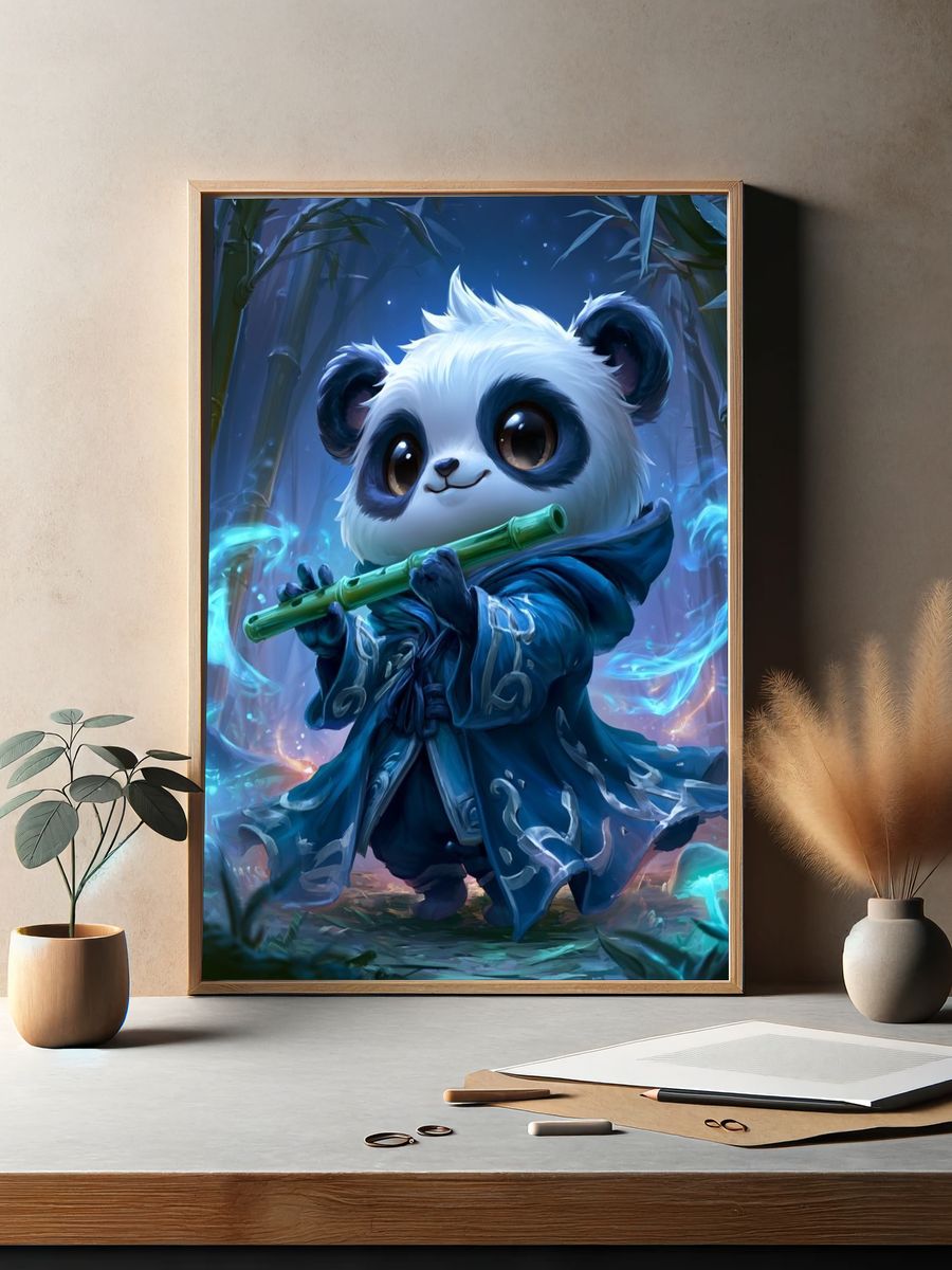 Panda Flute Fantasy Illustration Poster. — room view 2