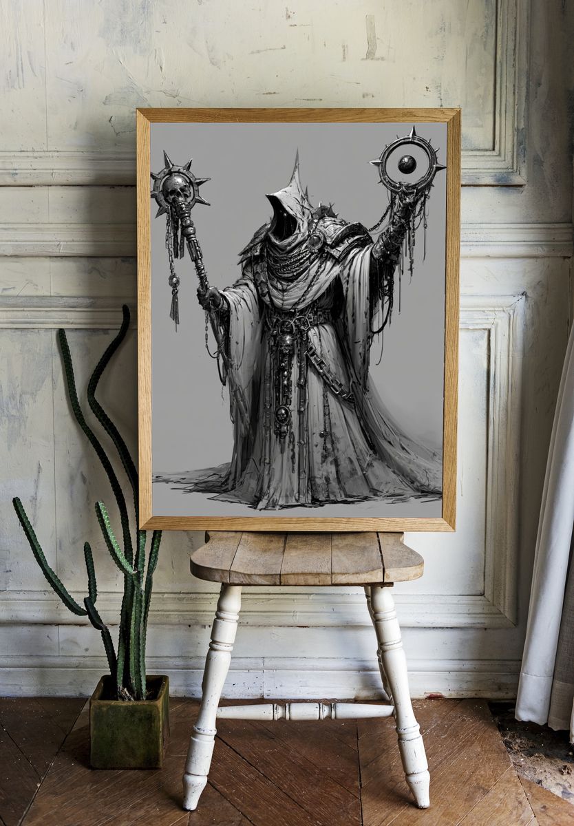 Dark Hooded Sorcerer Illustration Poster. — room view 1