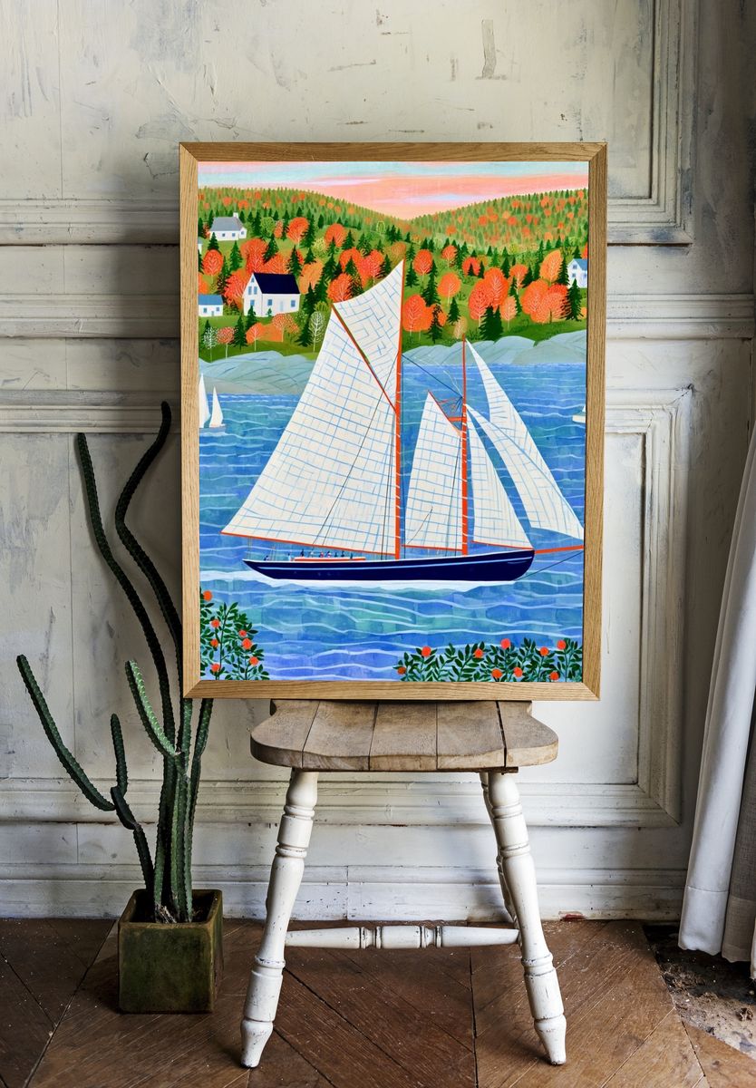 Autumn Sailboat Harbor Illustration Poster. room preview