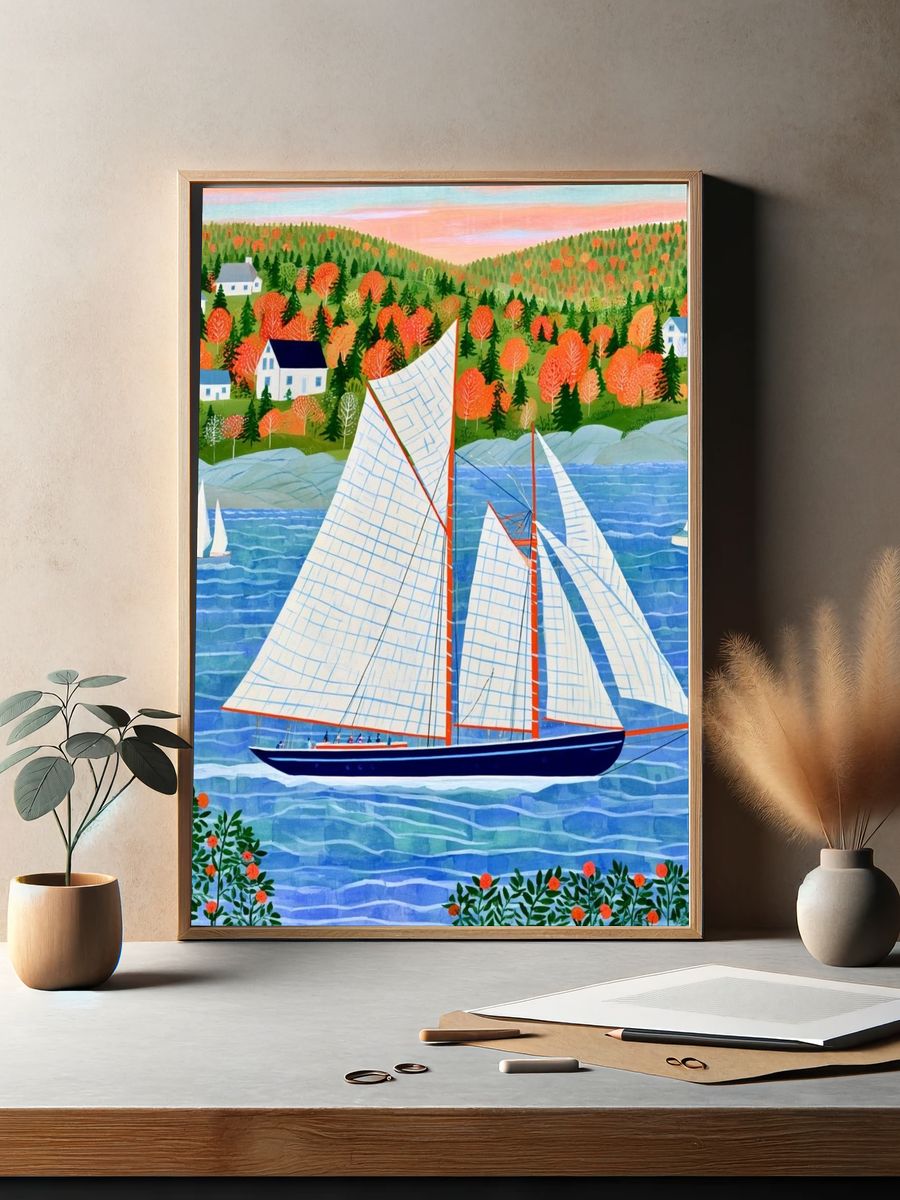 Autumn Sailboat Harbor Illustration Poster. — room view 2