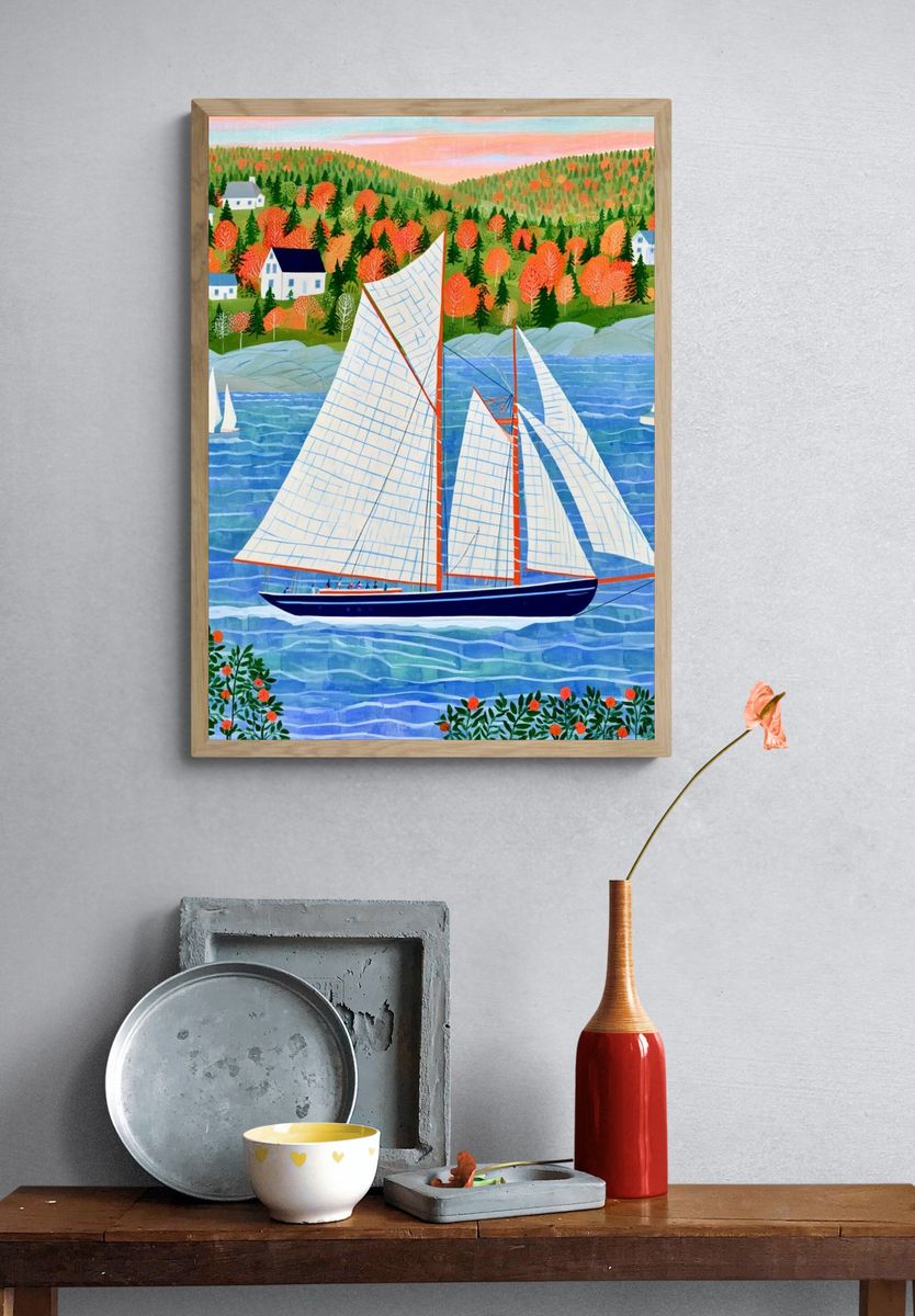 Autumn Sailboat Harbor Illustration Poster. — room view 3