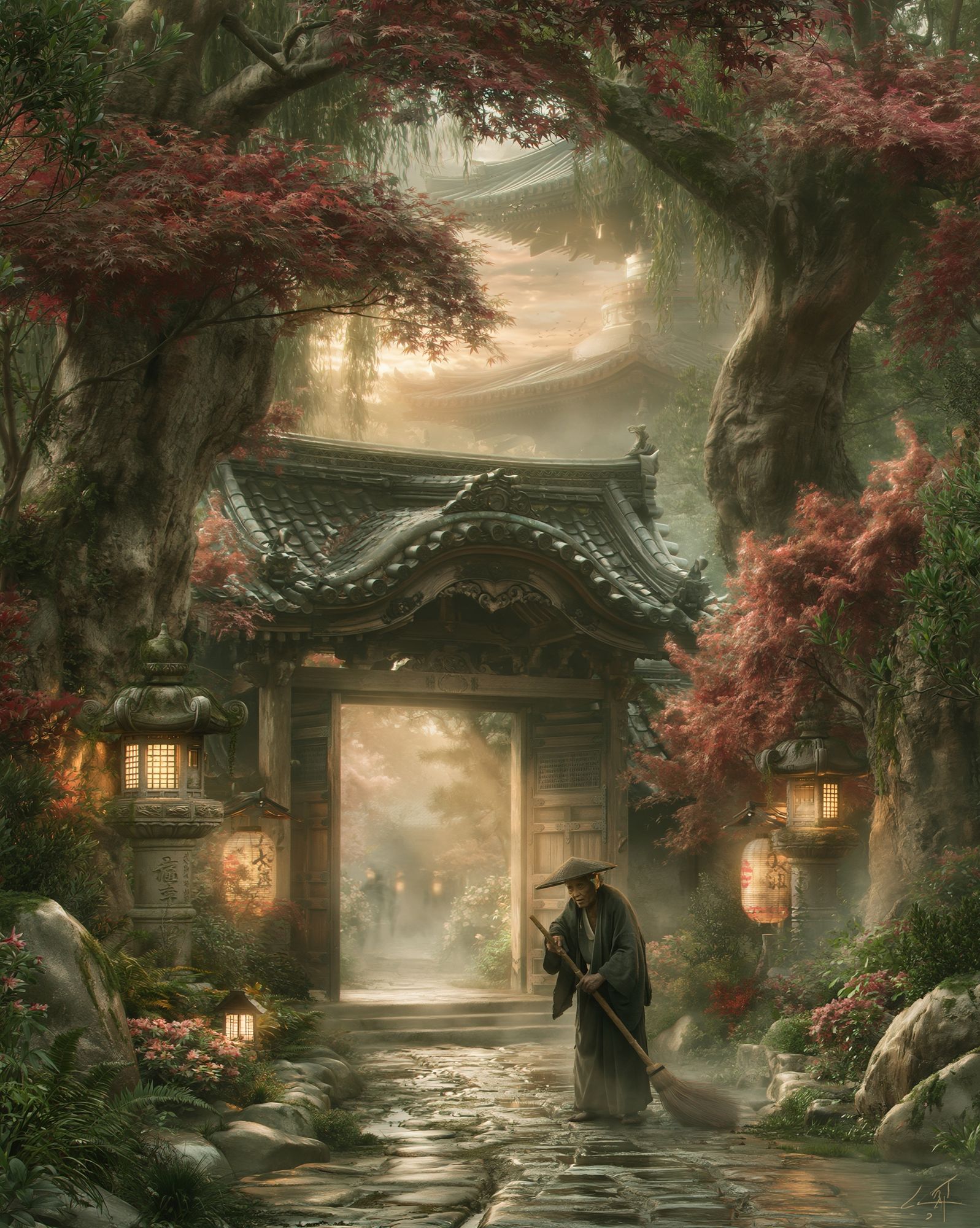 Zen Temple Garden — Illustration Print. poster — illustration art