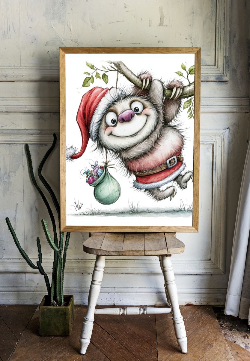 Christmas Sloth Illustration Poster. — room view 1