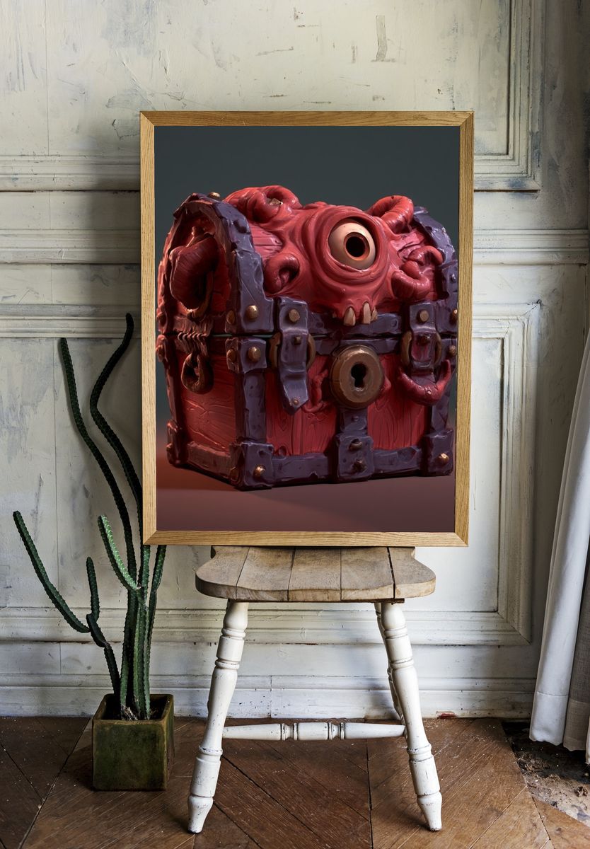 Surreal Monster Treasure Chest Print. room preview