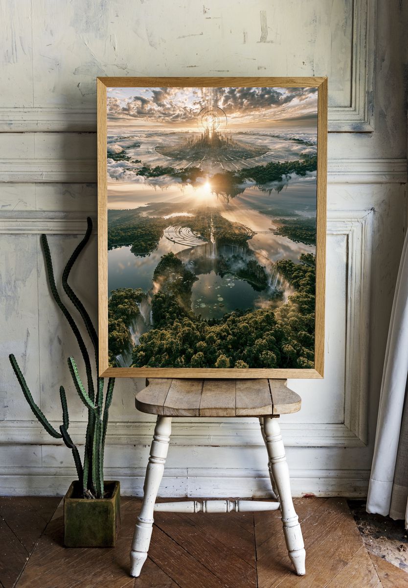 Floating Futuristic Cityscape Poster. room preview