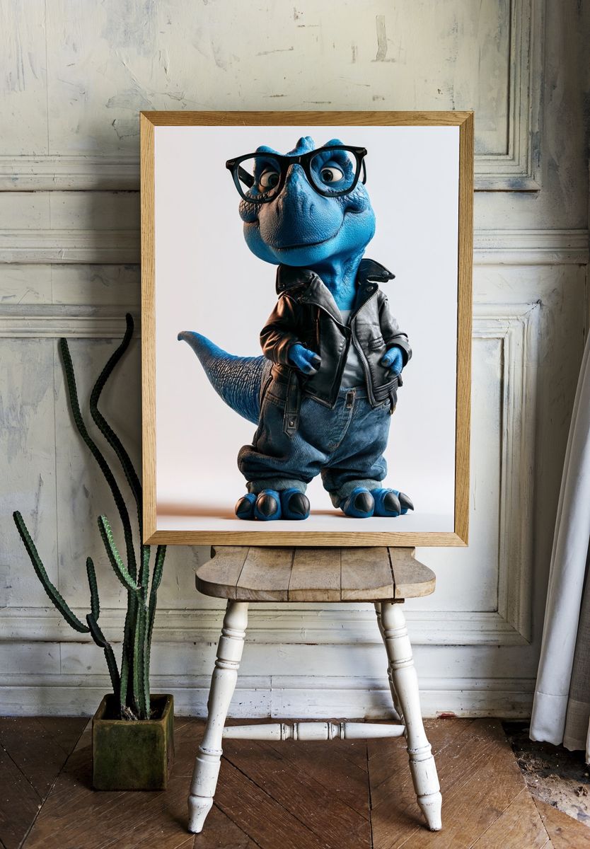 Blue Dino in Leather Jacket Poster. room preview