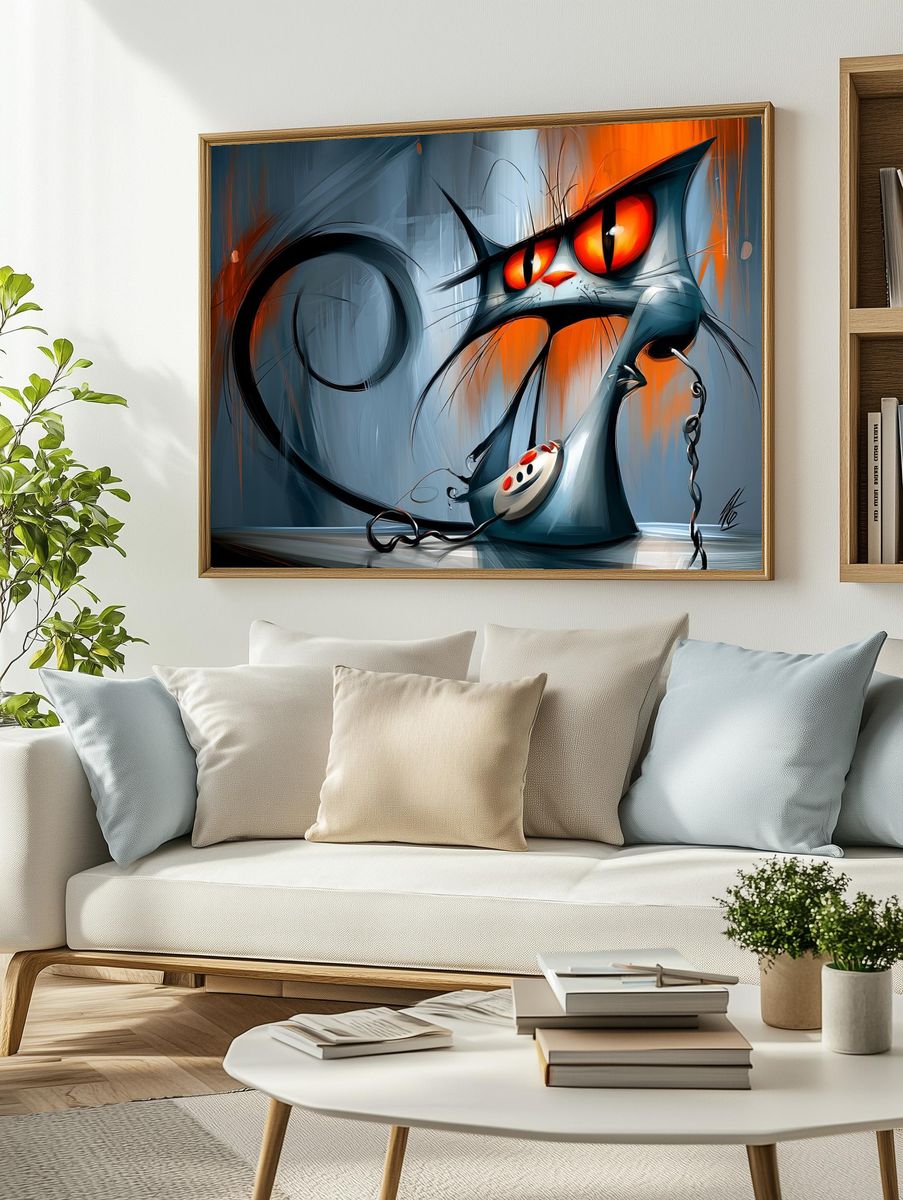 Surreal Cat Telephone Illustration Poster. — room view 2