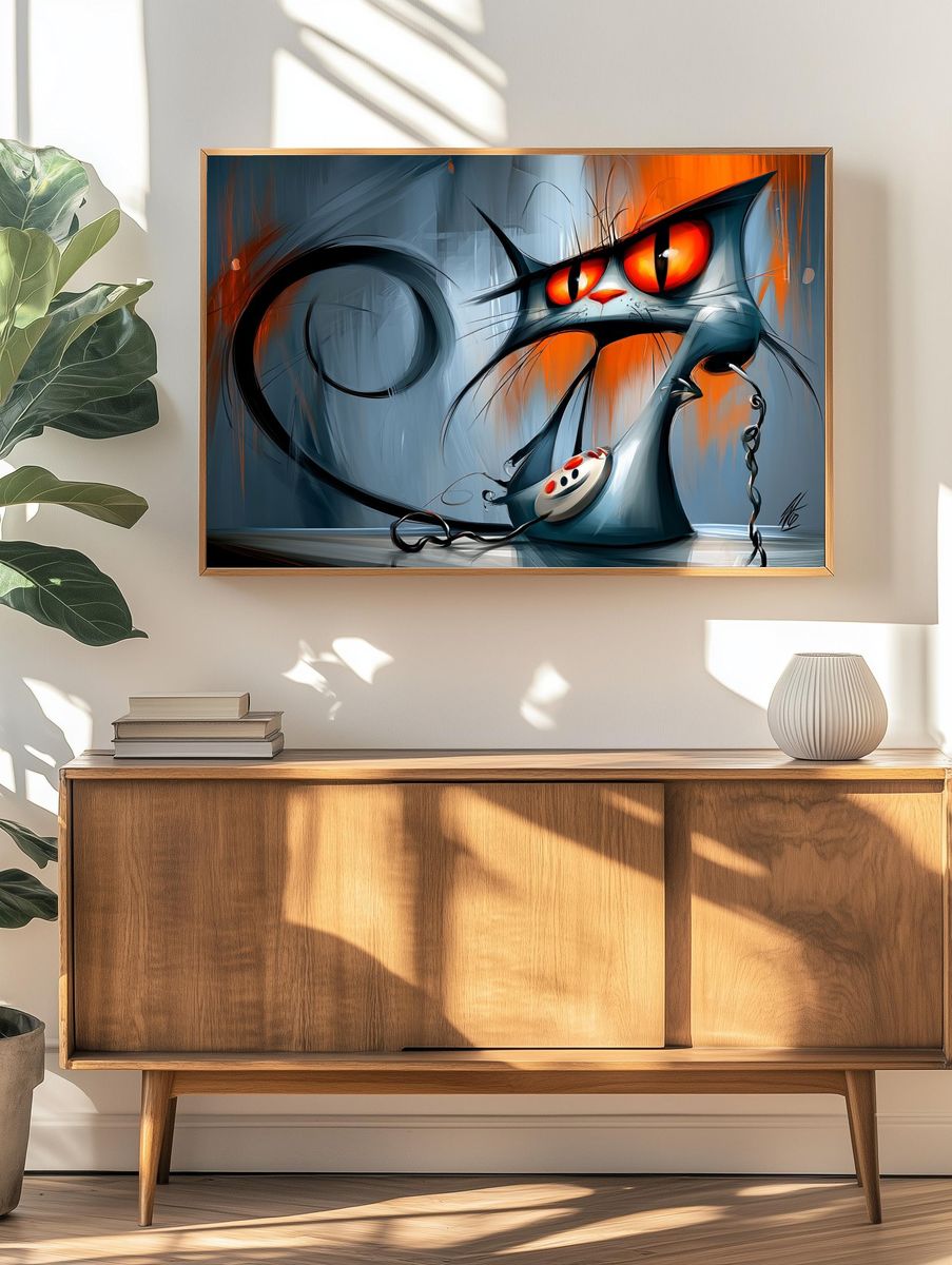 Surreal Cat Telephone Illustration Poster. — room view 3