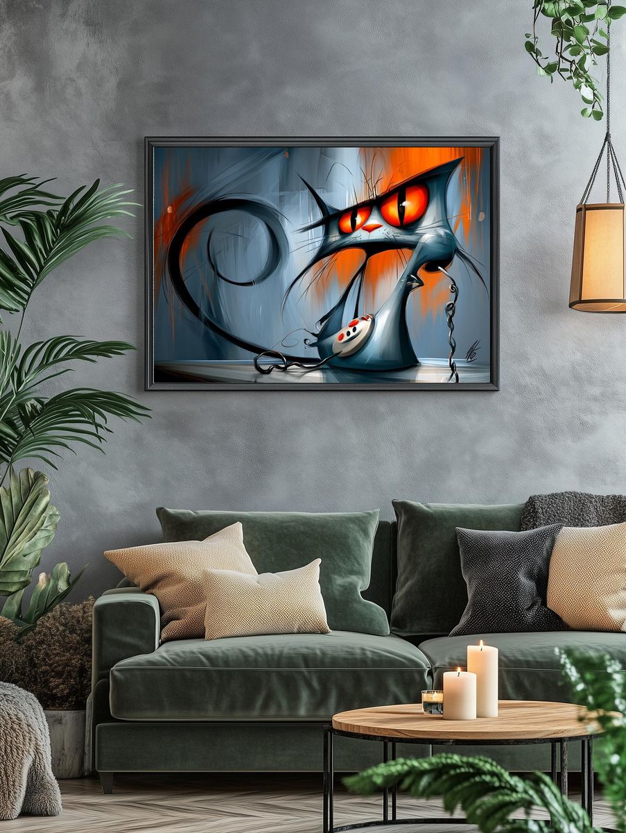 Surreal Cat Telephone Illustration Poster. — room view 4