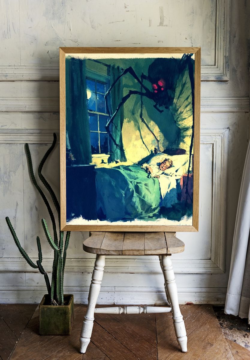 Spider in Bedroom Illustration Poster. room preview