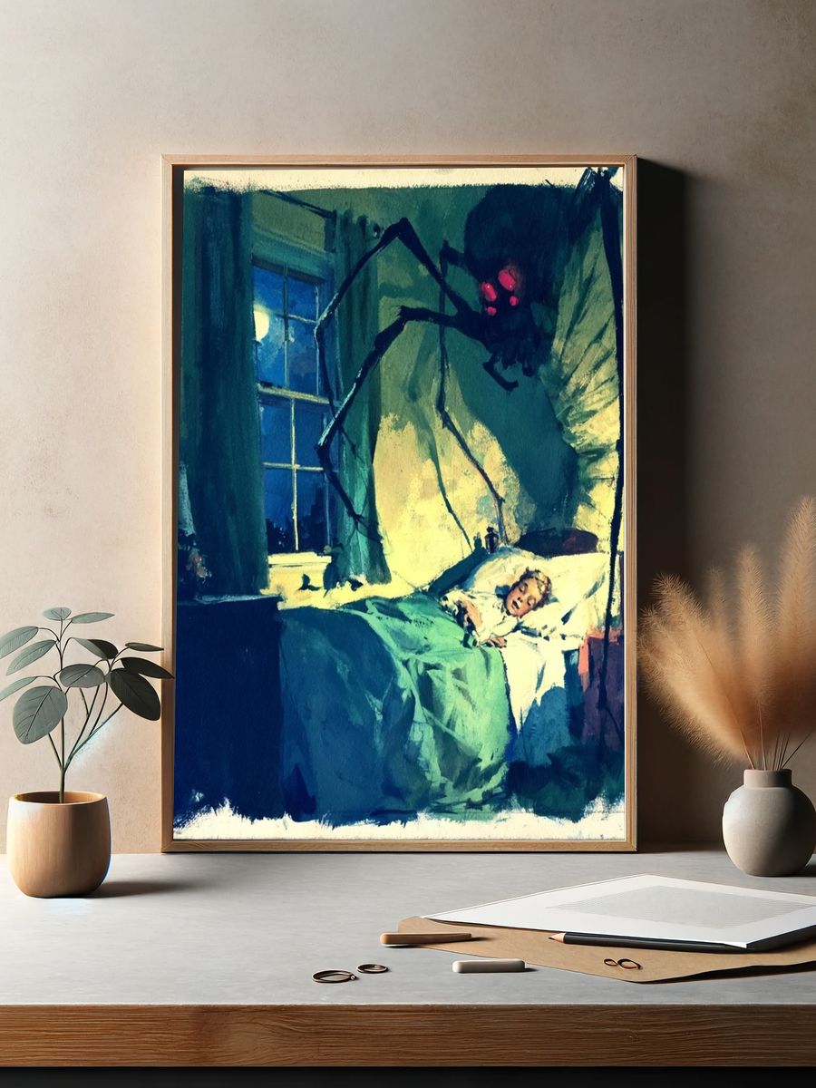 Spider in Bedroom Illustration Poster. — room view 2