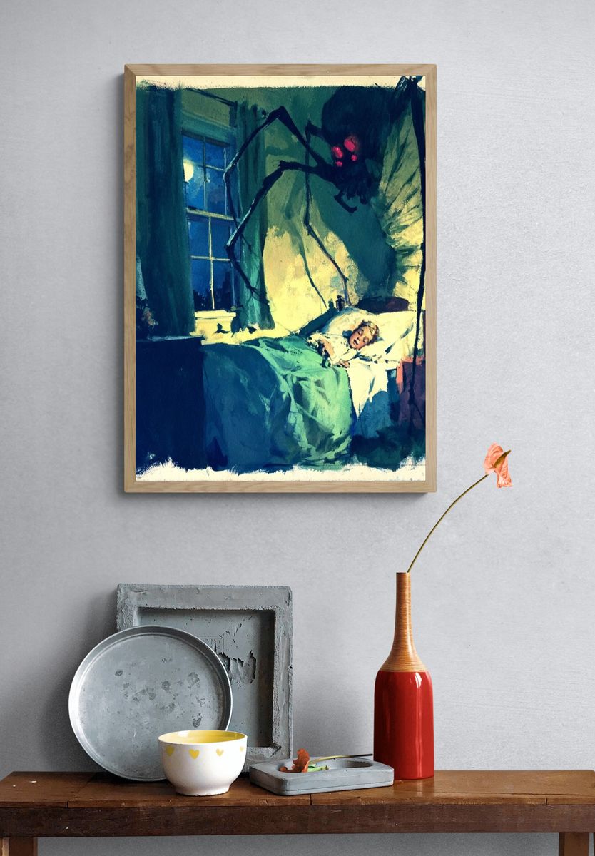 Spider in Bedroom Illustration Poster. — room view 3