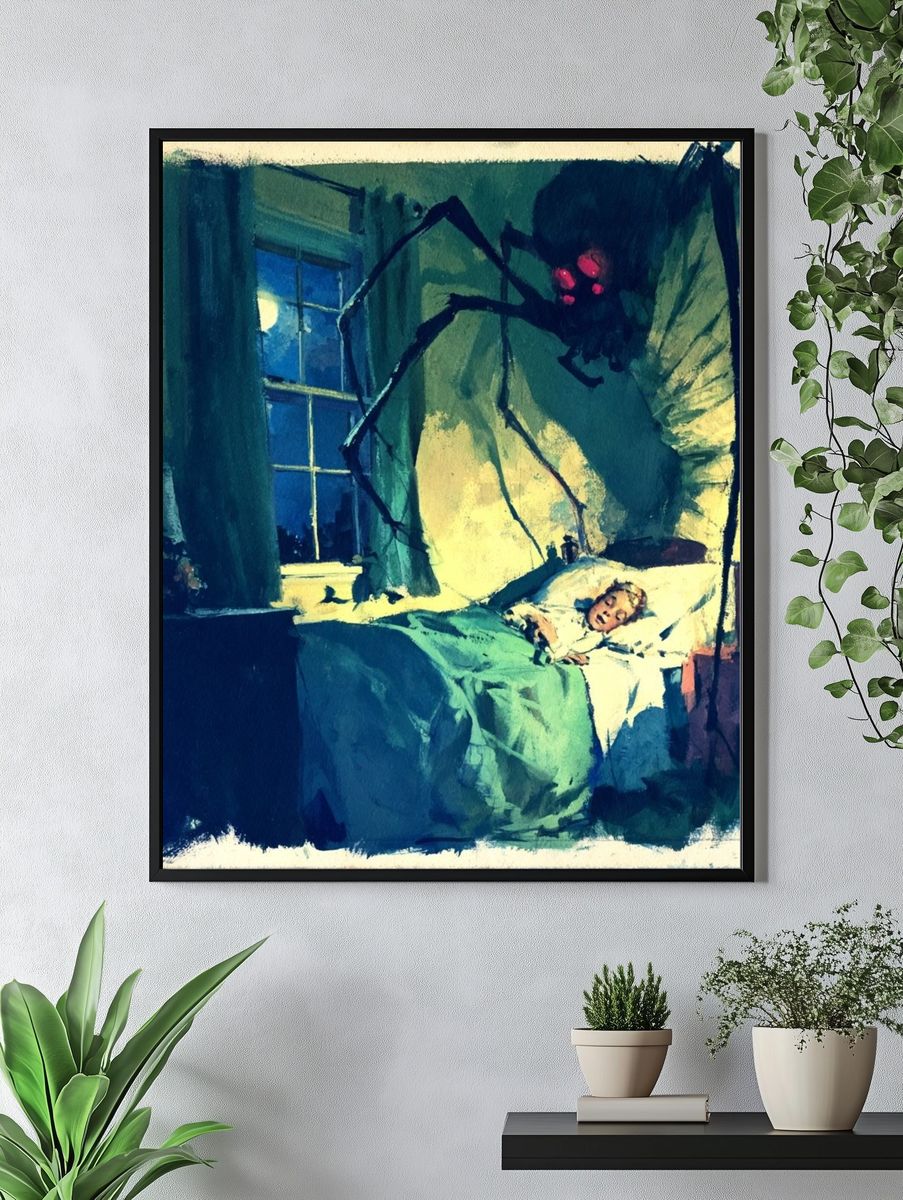 Spider in Bedroom Illustration Poster. — room view 4
