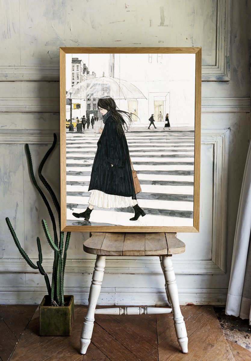 Rainy City Walk Illustration Print. room preview