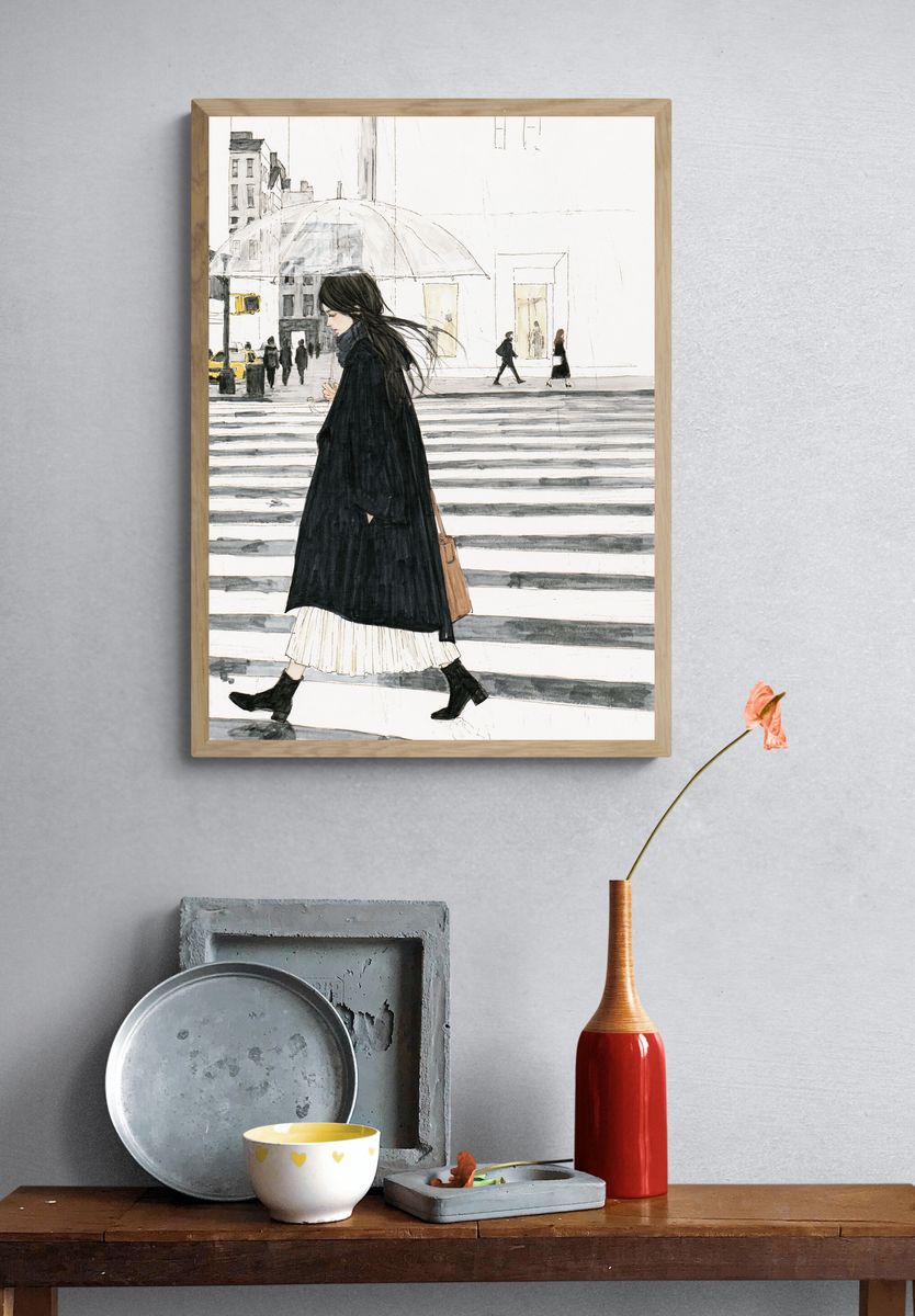 Rainy City Walk Illustration Print. — room view 3