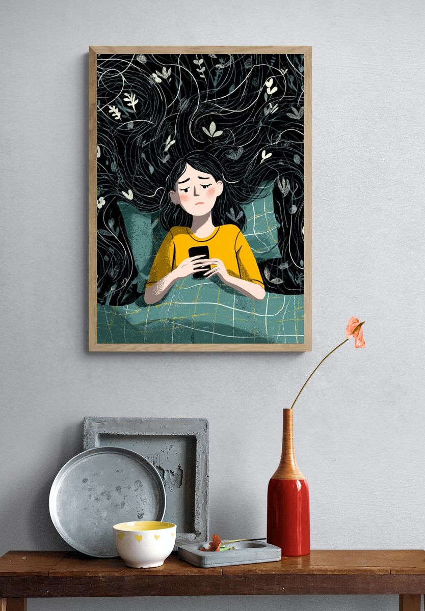 Sleepless Girl Digital Art Poster. — room view 3