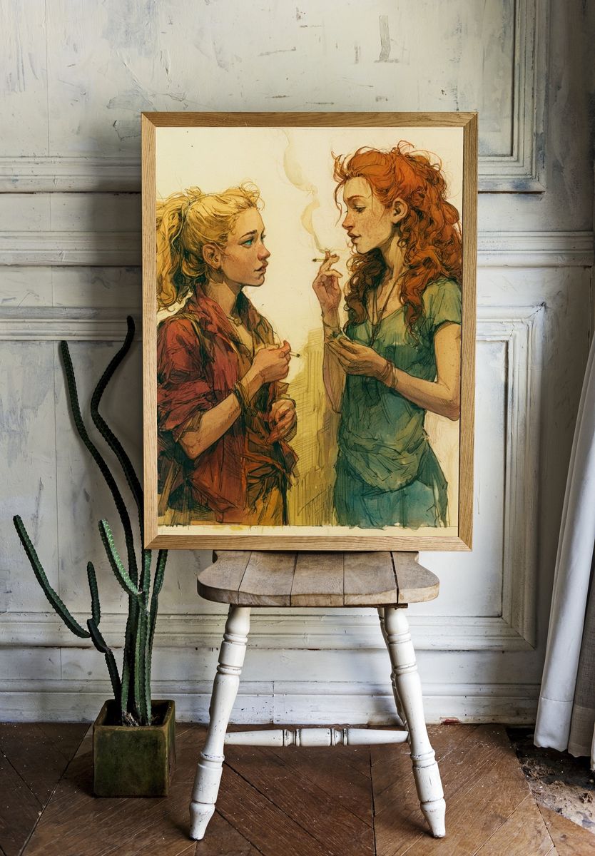 Two Women Smoking Illustration Poster. room preview