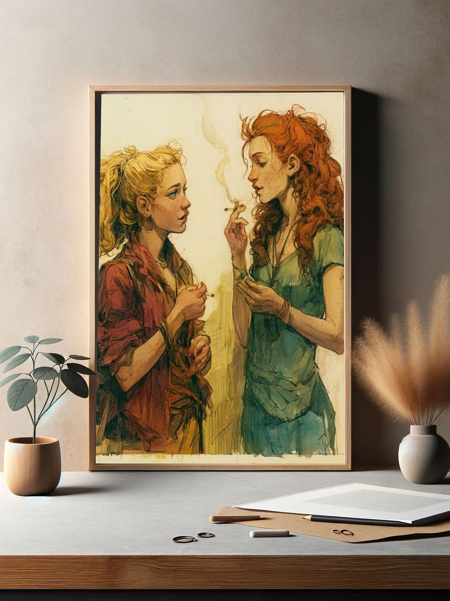 Two Women Smoking Illustration Poster. — room view 2