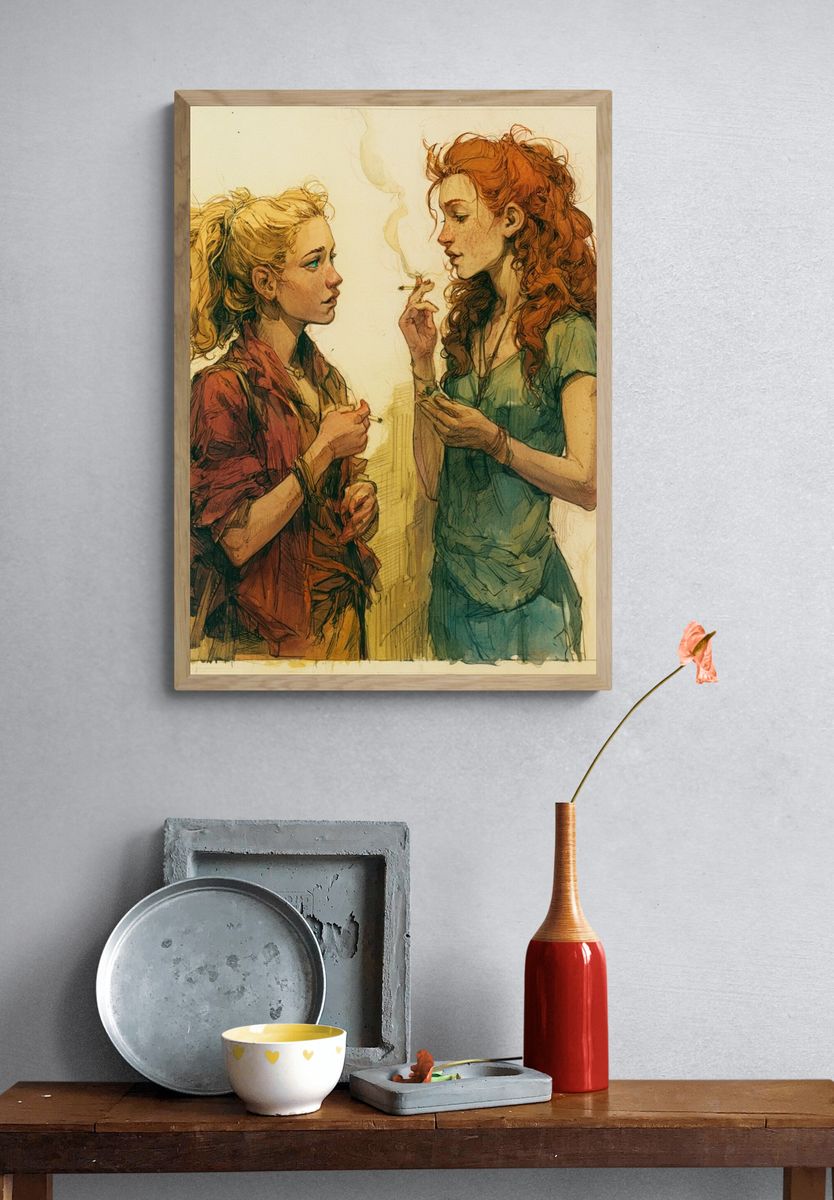 Two Women Smoking Illustration Poster. — room view 3
