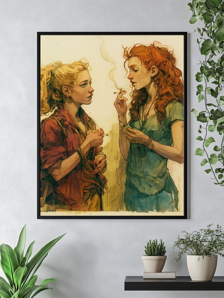 Two Women Smoking Illustration Poster. — room view 4