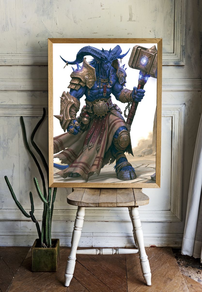 Blue Minotaur Warrior Fantasy Print. room preview