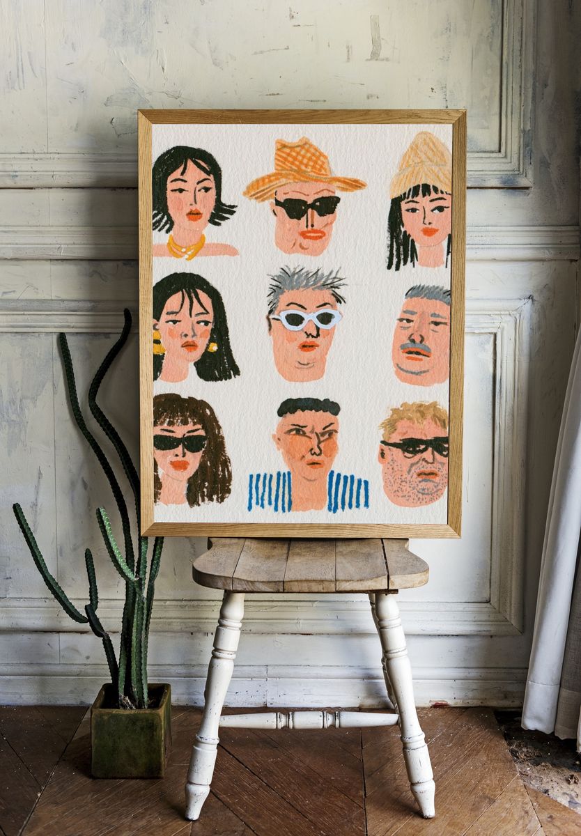 Eclectic Portrait Faces Illustration Poster. — room view 1