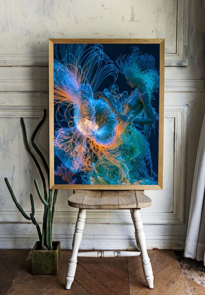 Neon Jellyfish Dance Illustration Poster. room preview
