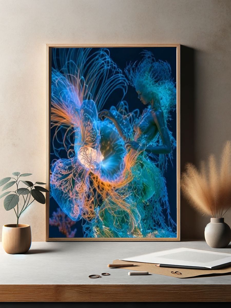 Neon Jellyfish Dance Illustration Poster. — room view 2