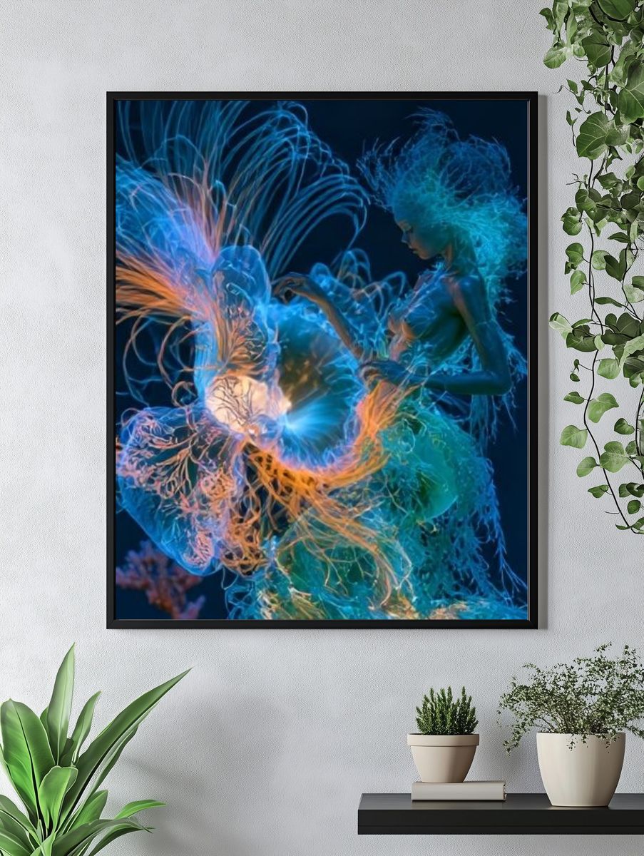 Neon Jellyfish Dance Illustration Poster. — room view 4