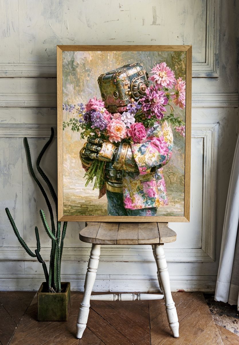 Floral Robot Portrait Print. room preview