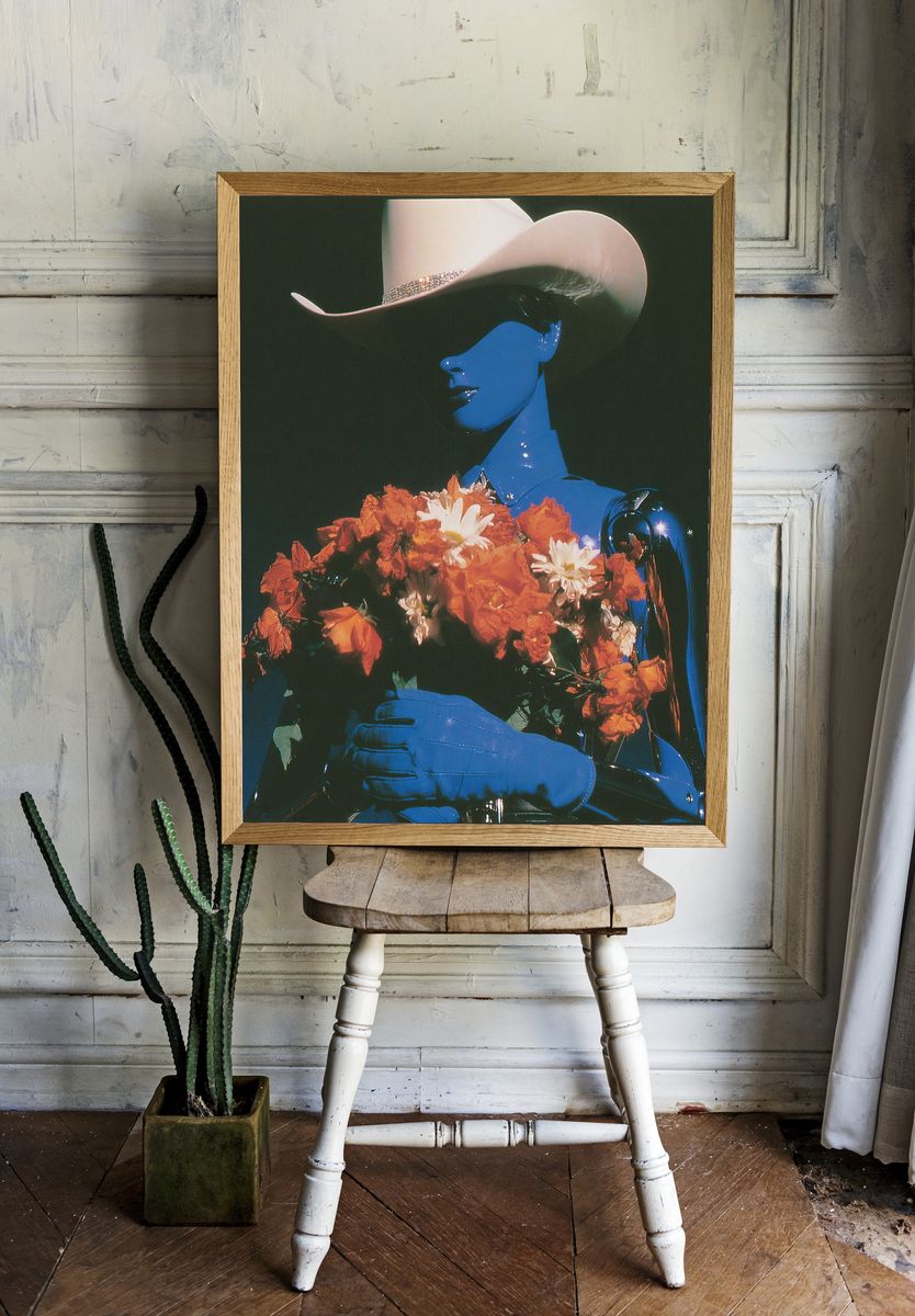 Blue Cowboy with Flowers Print. — room view 1