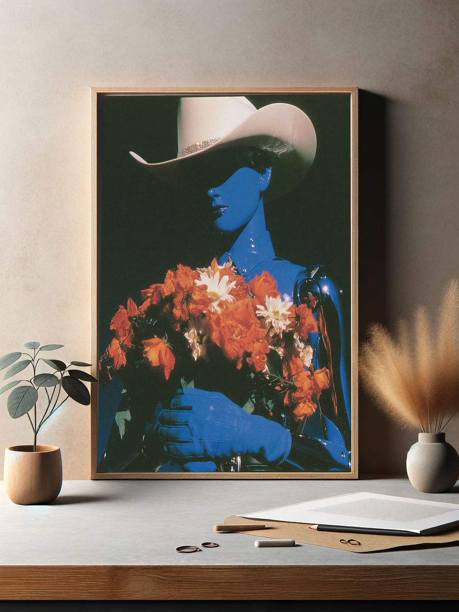 Blue Cowboy with Flowers Print. — room view 2