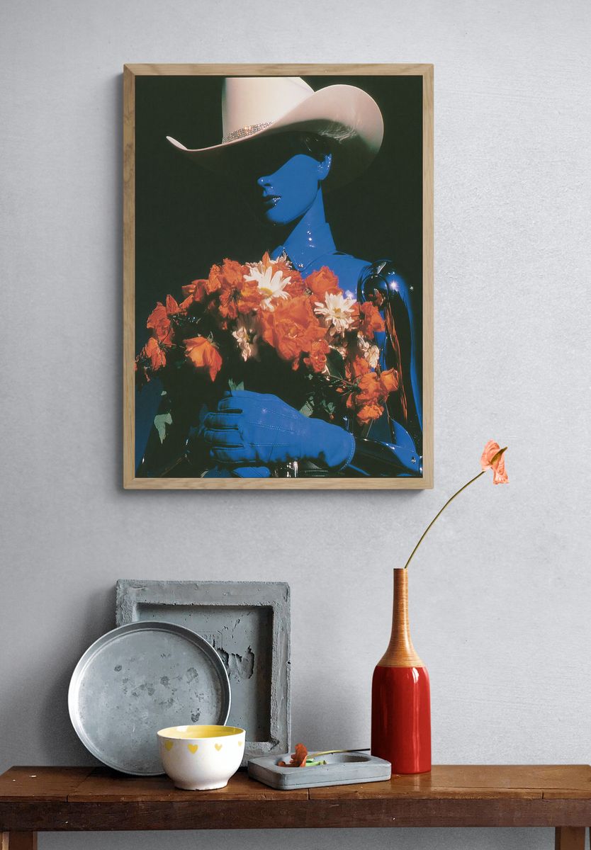 Blue Cowboy with Flowers Print. — room view 3