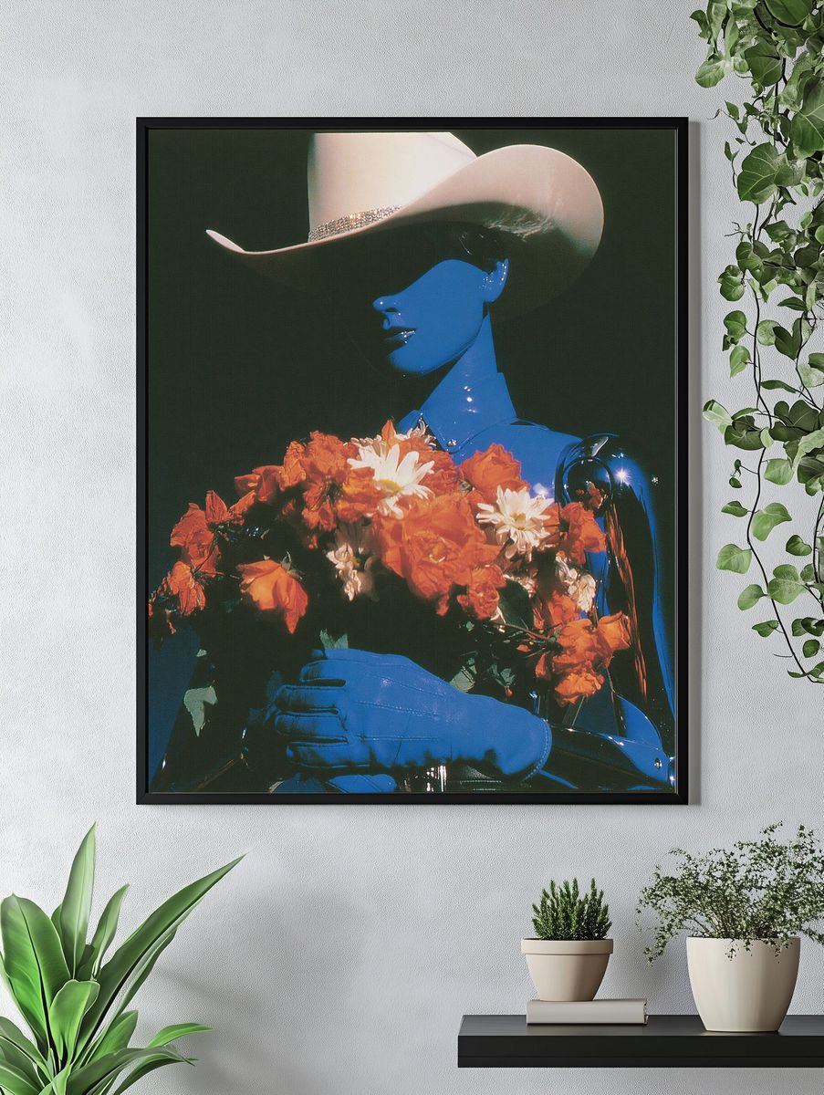 Blue Cowboy with Flowers Print. — room view 4
