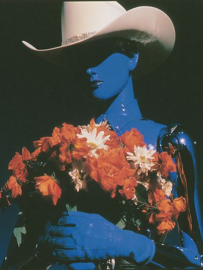 Blue Cowboy with Flowers Print. poster