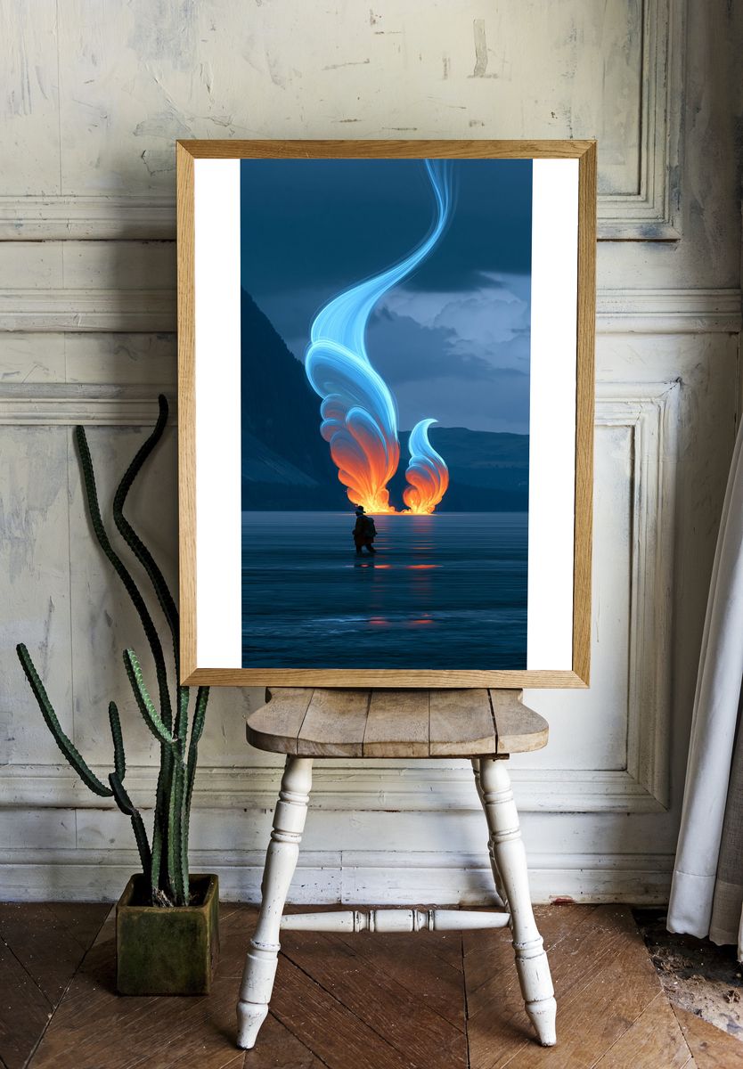 Surreal Lake Firelight Print. room preview