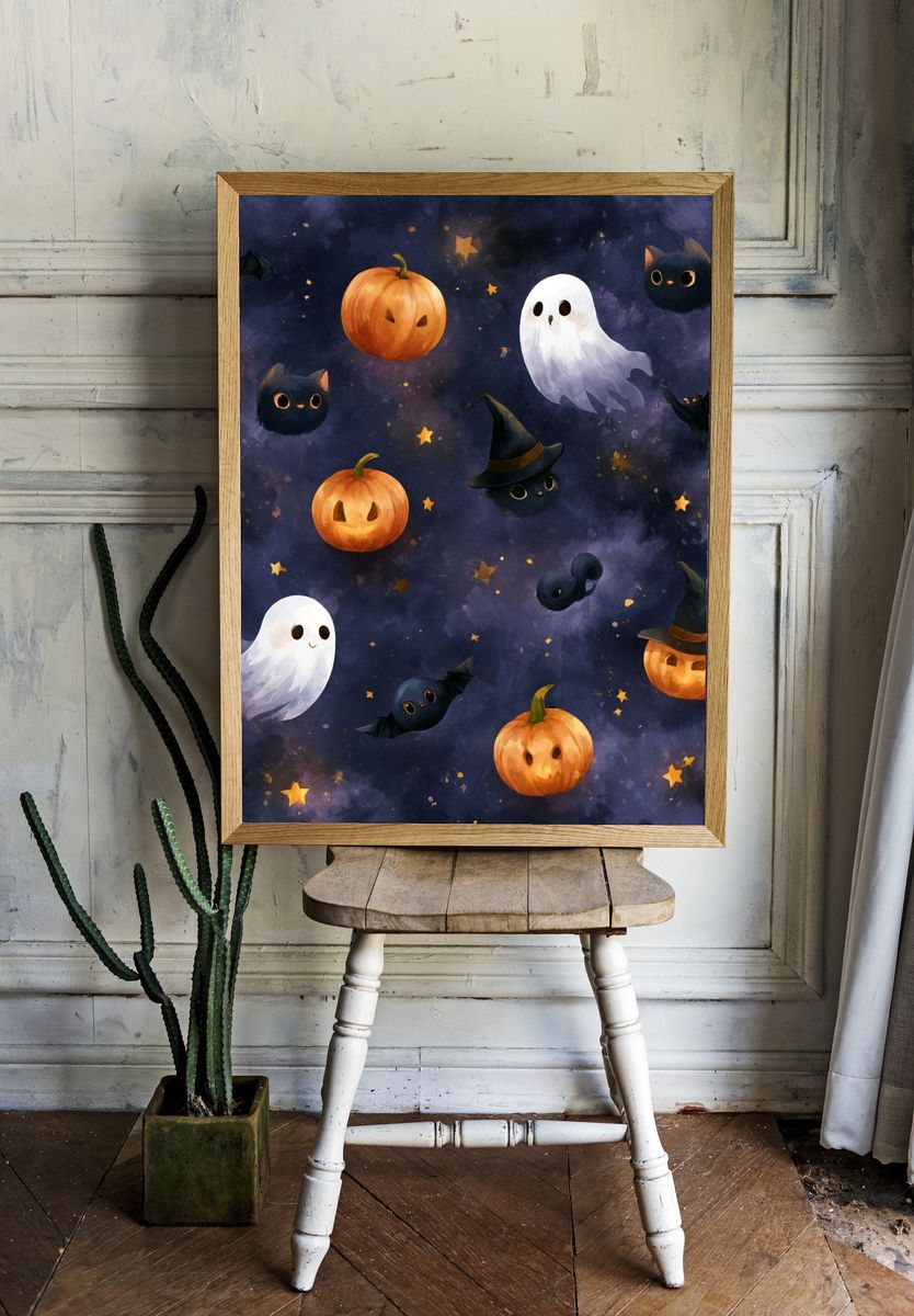 Halloween Cats and Pumpkins Illustration Poster. room preview