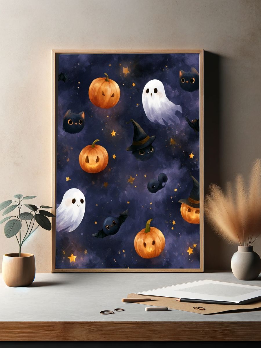 Halloween Cats and Pumpkins Illustration Poster. — room view 2