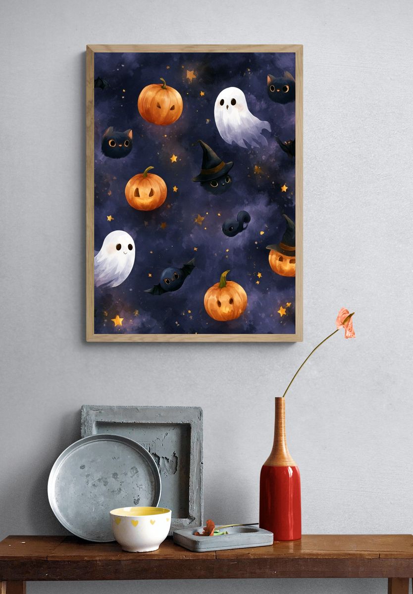 Halloween Cats and Pumpkins Illustration Poster. — room view 3