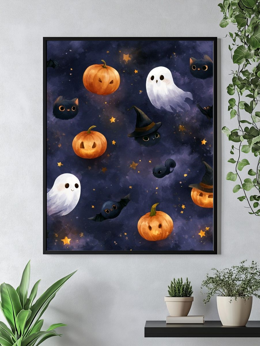Halloween Cats and Pumpkins Illustration Poster. — room view 4